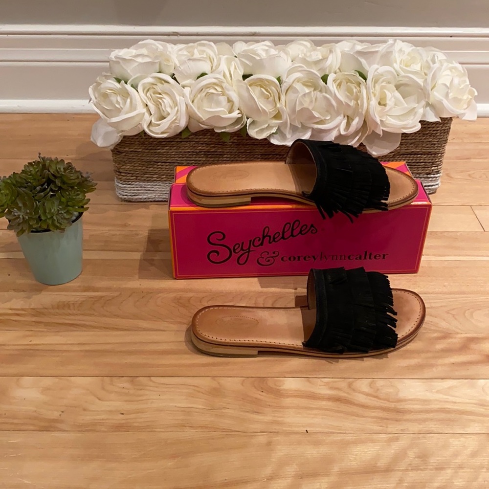 Seychelles black tassle suede slides